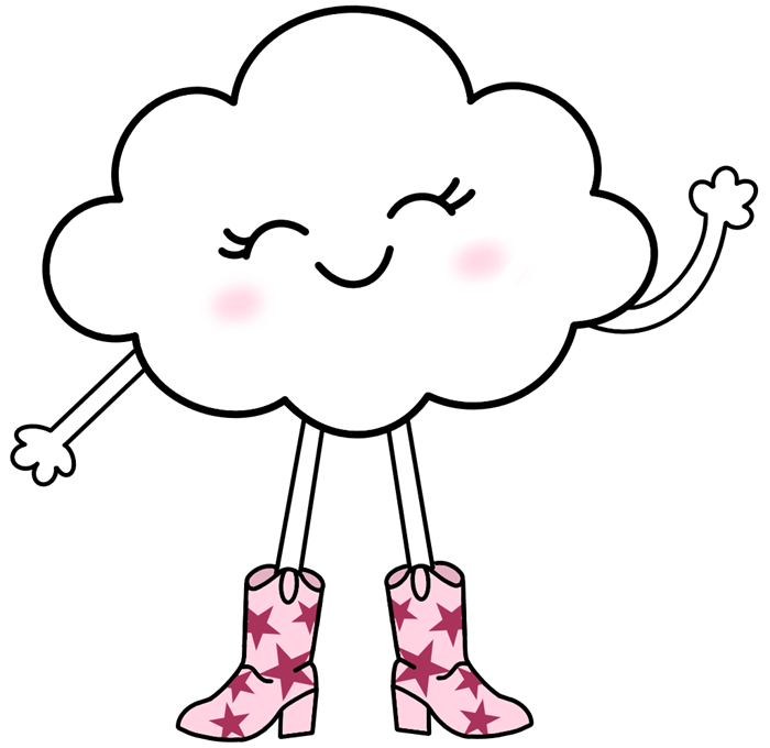 La nube de La Pausita: una nube sonriente con los ojos cerrados que saluda con la mano y lleva botas rosas con estrellas